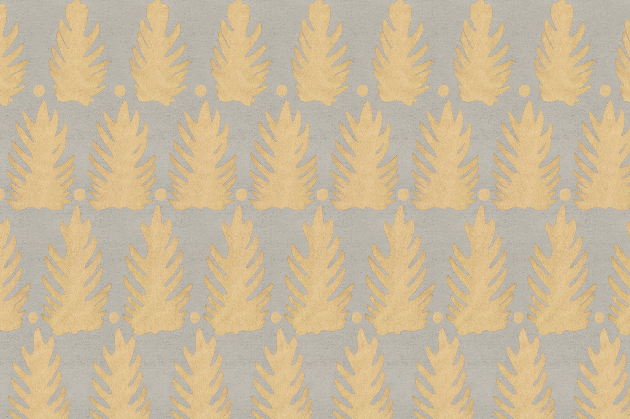 Detail of fabric in a linear leaf print in gold on a light gray field.