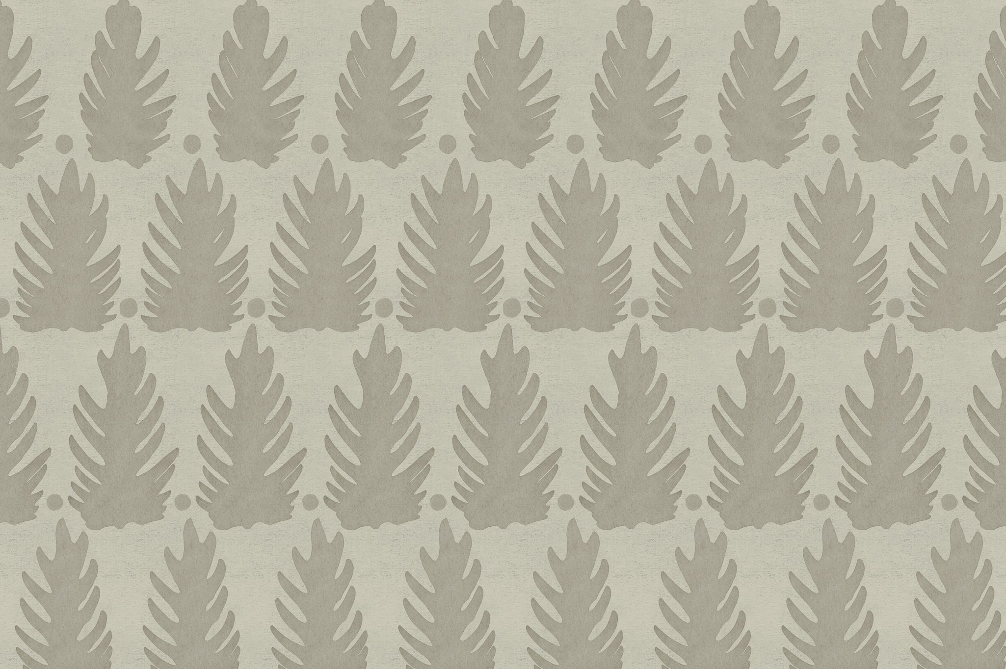 Detail of fabric in a linear leaf print in tan on a greige field.