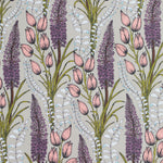 Detail of wallpaper in a dense foxtail and lilly print in pink, purple, green and white on a taupe field.