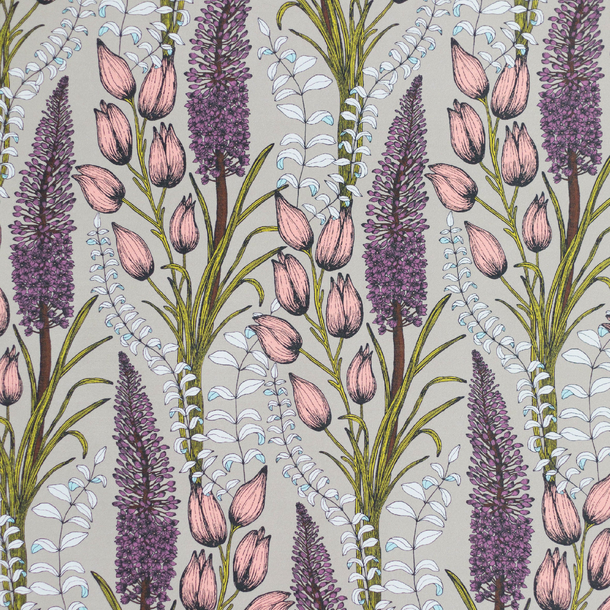 Detail of wallpaper in a dense foxtail and lilly print in pink, purple, green and white on a taupe field.