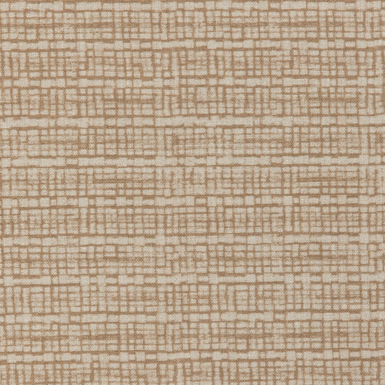 Detail of a linen fabric in a repeating abstract gridded pattern in tan on a cream field.