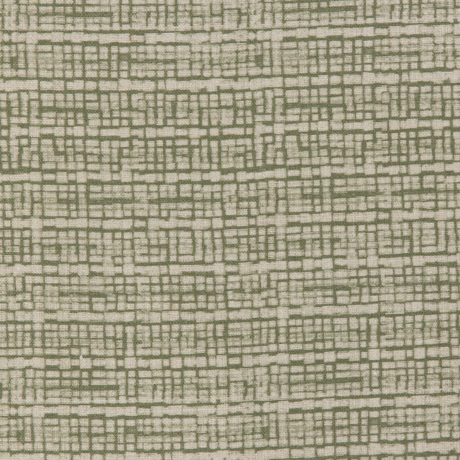 Detail of a linen fabric in a repeating abstract gridded pattern in sage on a cream field.