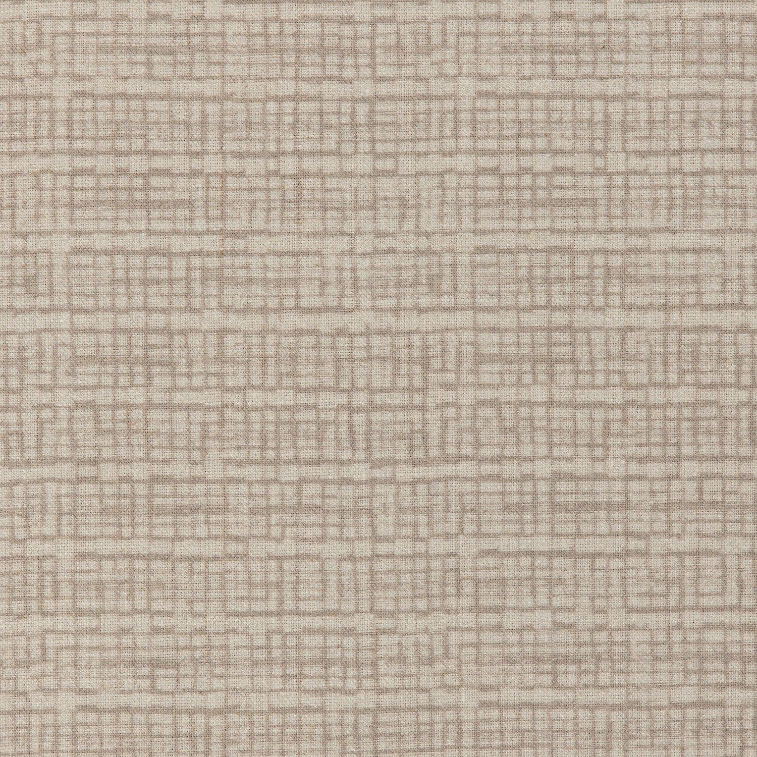 Detail of a linen fabric in a repeating abstract gridded pattern in beige on a cream field.