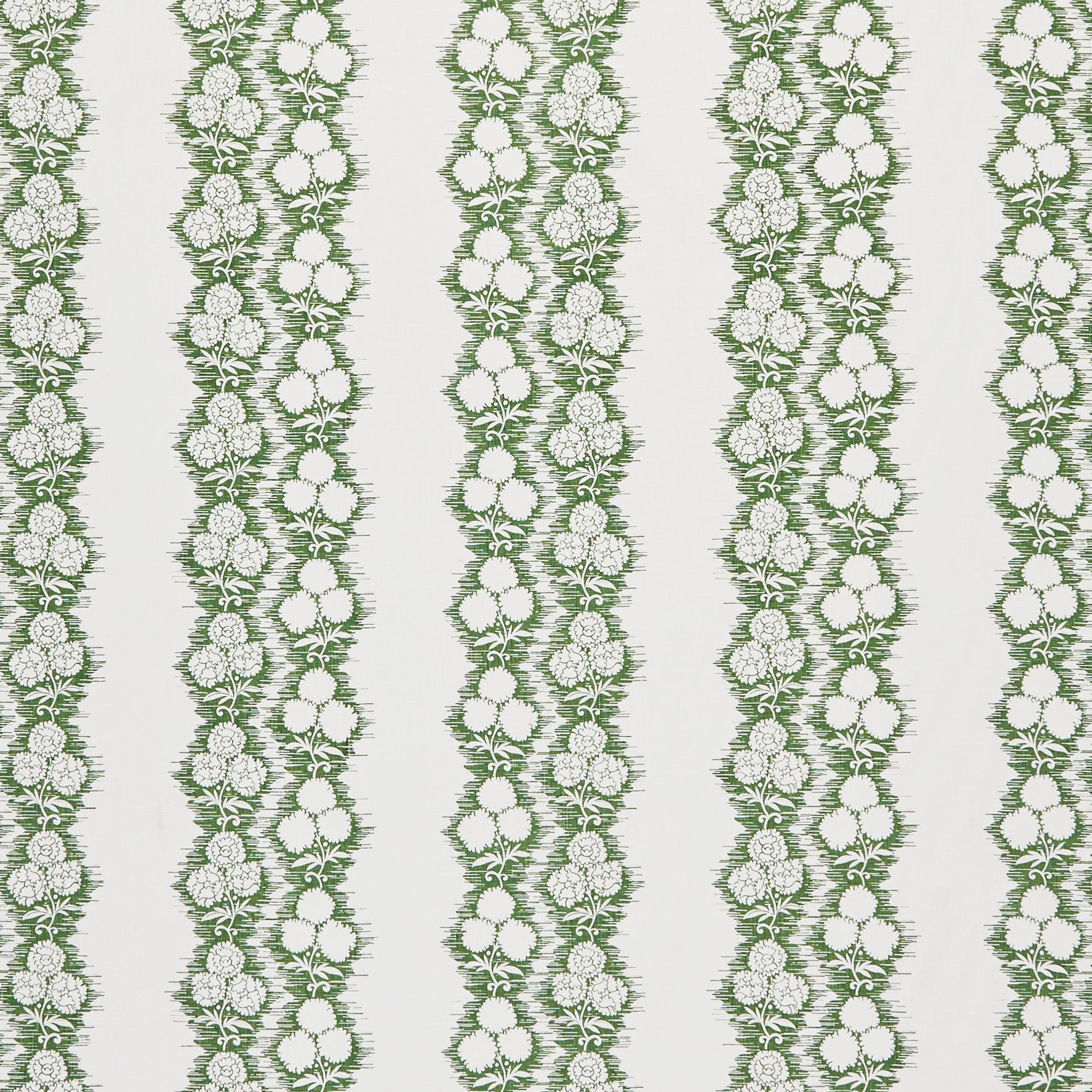 Fabric in a botanical stripe print in green on a white field.