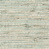 Detail of an arrowroot grasscloth wallpaper panel with a textured weave in shades of pastel and turquoise.