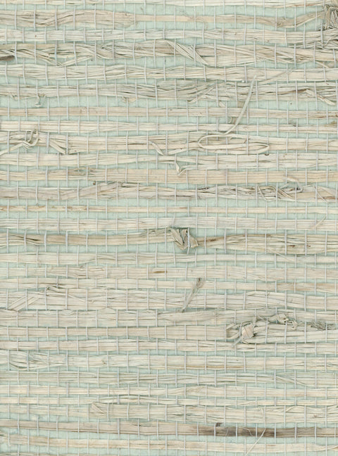 Detail of an arrowroot grasscloth wallpaper panel with a textured weave in shades of pastel and turquoise.