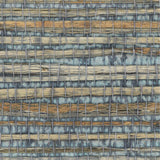 Detail of a jute grasscloth wallpaper in shades of blue and brown on a paper backing.