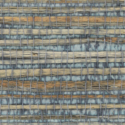Detail of a jute grasscloth wallpaper in shades of blue and brown on a paper backing.