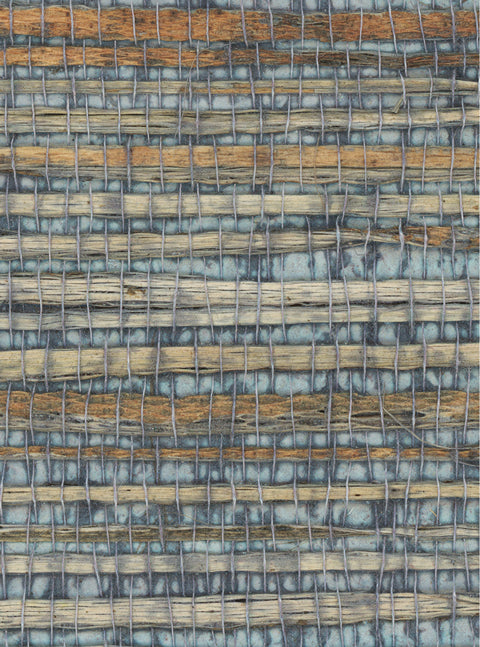 Detail of a jute grasscloth wallpaper in shades of blue and brown on a paper backing.