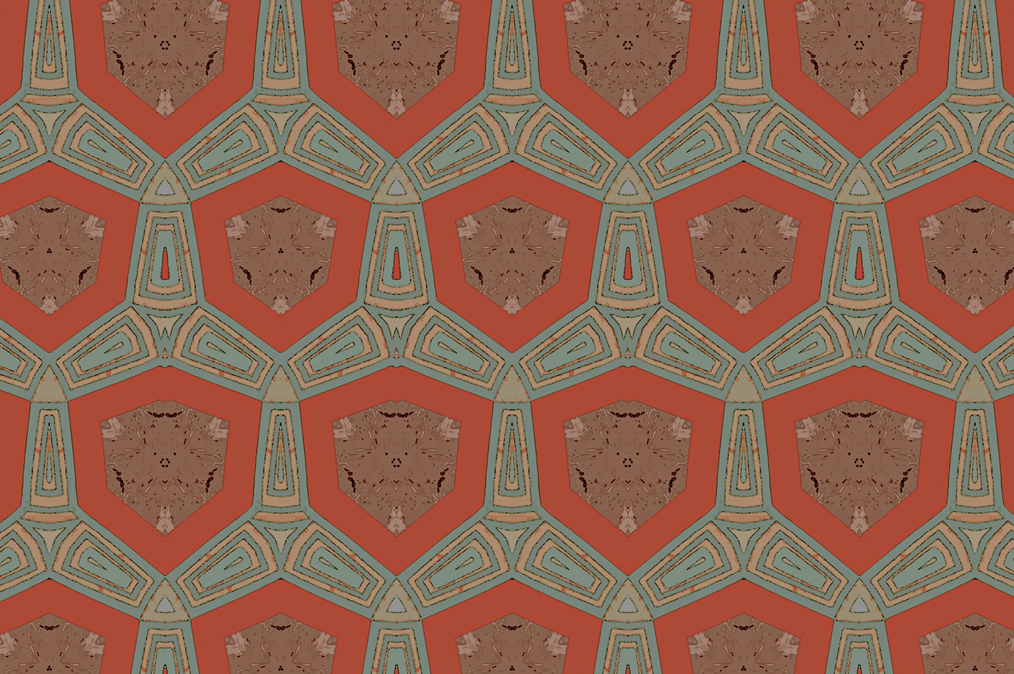 Detail of fabric in a geometric tribal print in shades of turquoise, brown and tan on a red field.
