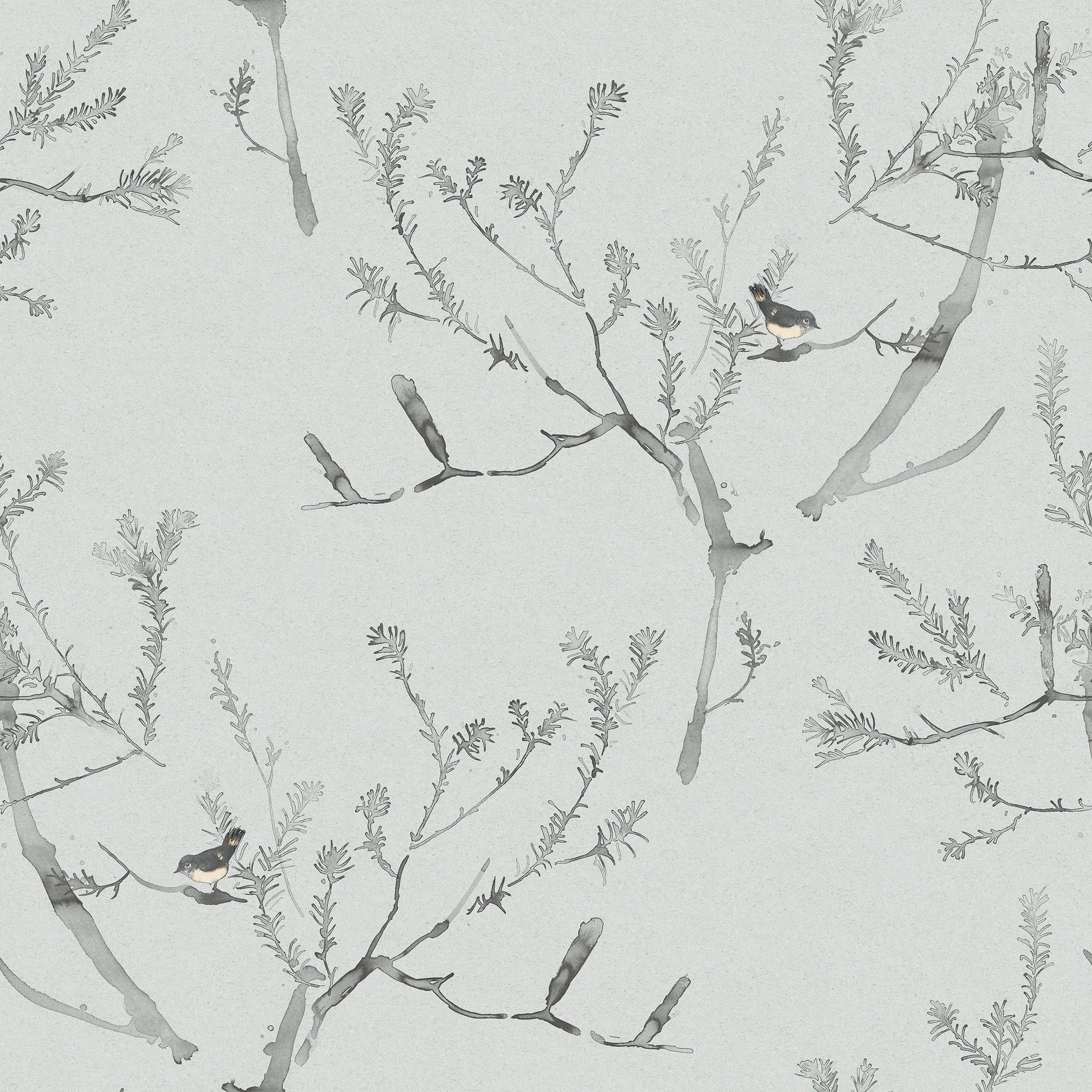 Detail of wallpaper in a painterly bird and branch pattern in shades of gray on a light gray field.