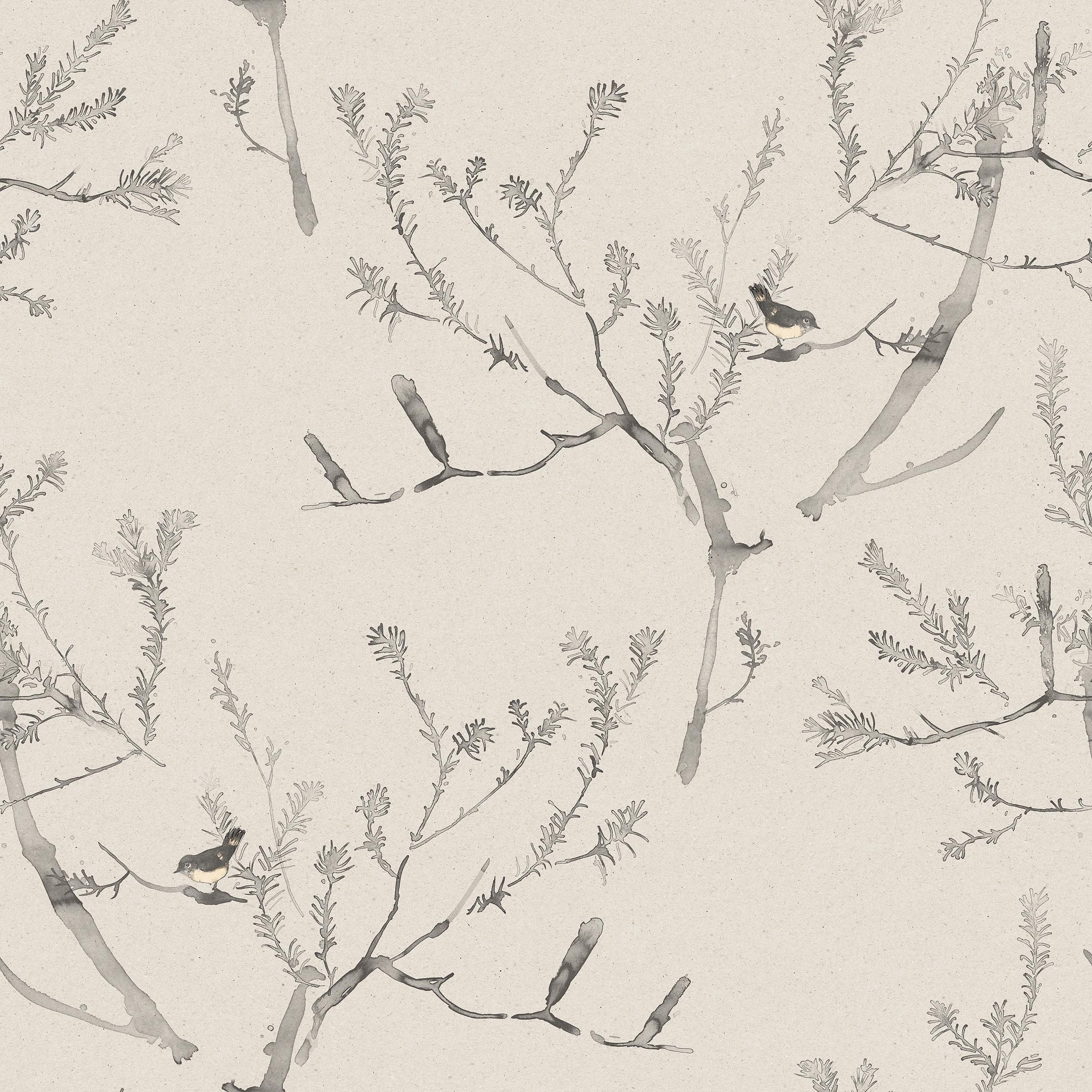 Detail of wallpaper in a painterly bird and branch pattern in shades of gray on a cream field.