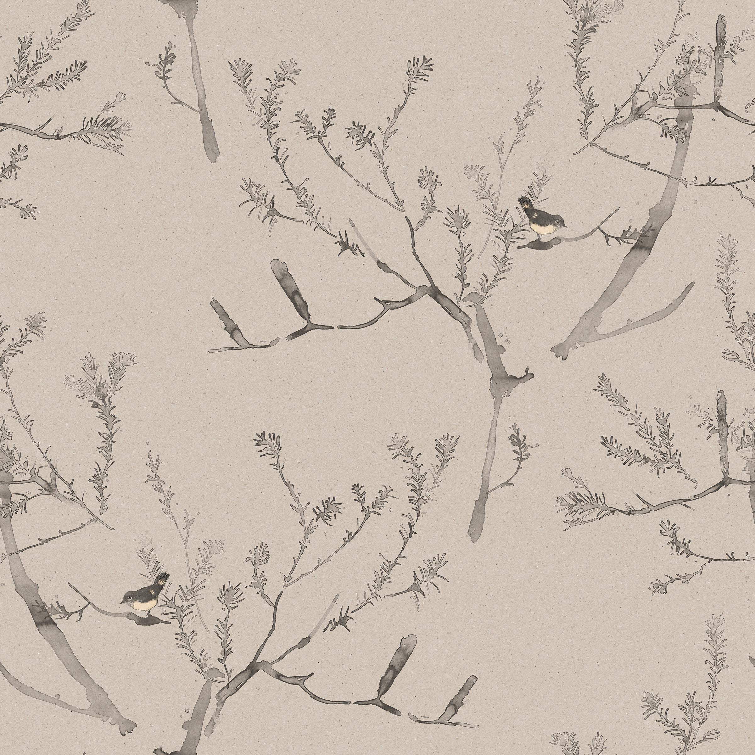 Detail of wallpaper in a painterly bird and branch pattern in shades of gray on a greige field.