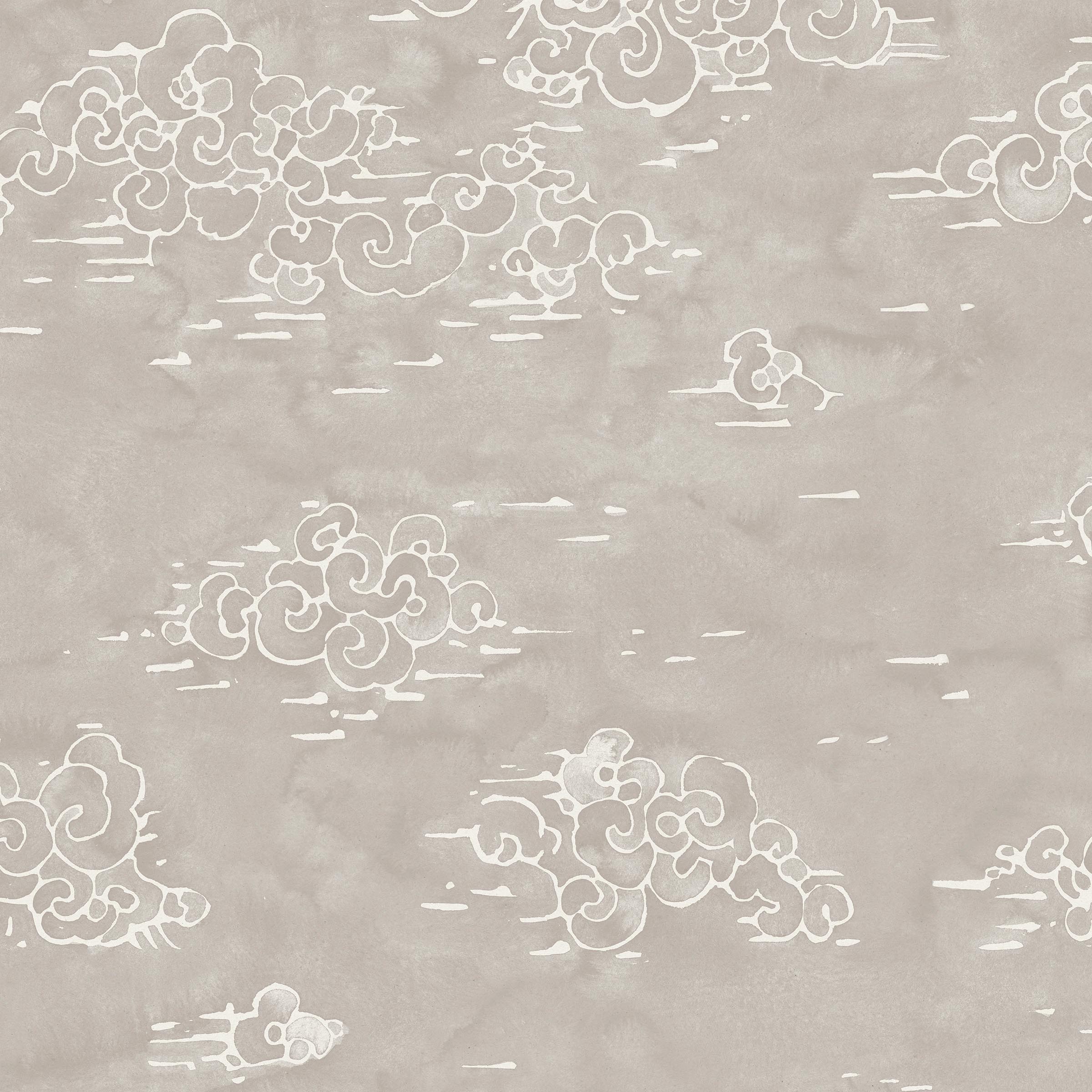 Detail of wallpaper in a painterly cloud pattern in white on a light gray field.