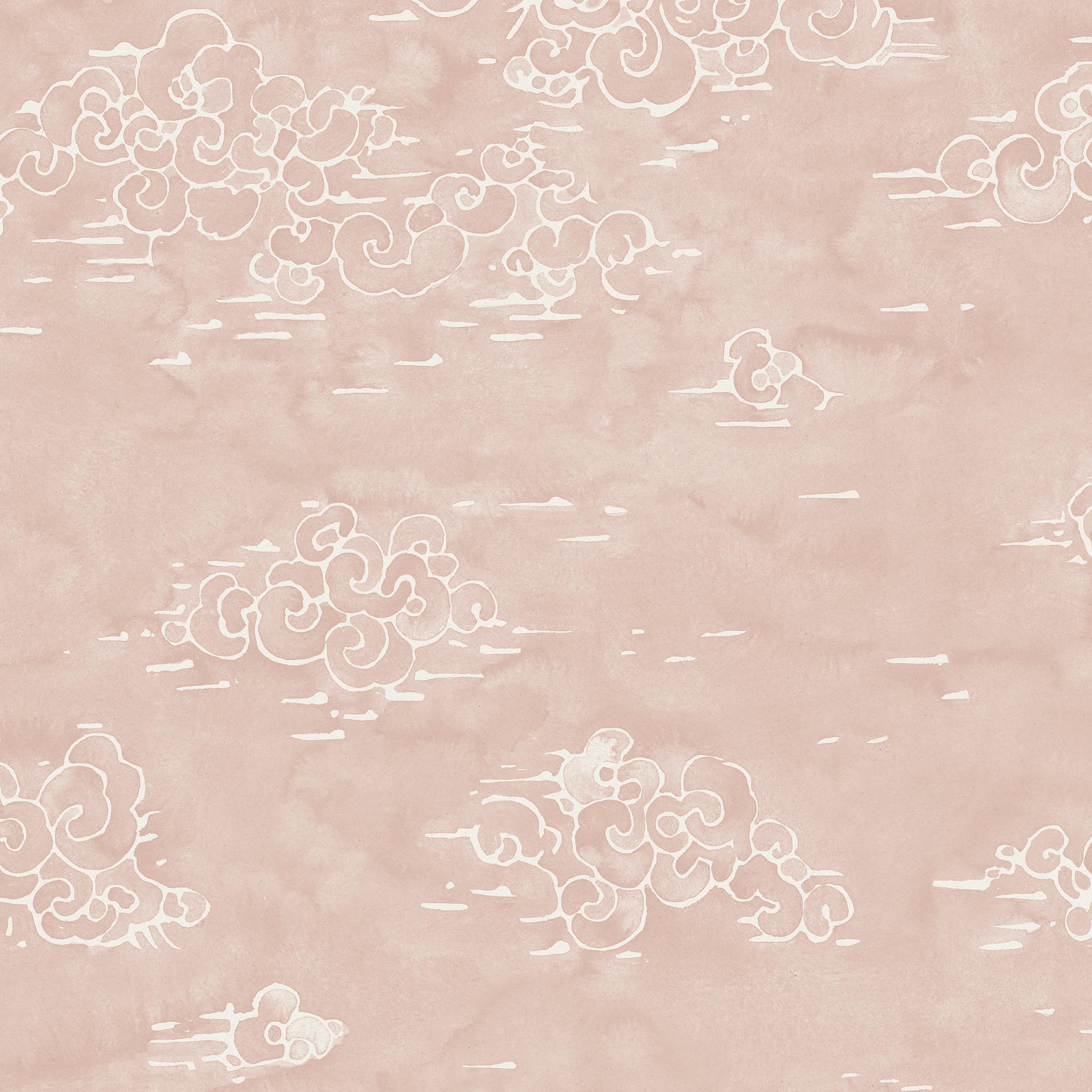 Detail of wallpaper in a painterly cloud pattern in white on a light pink field.