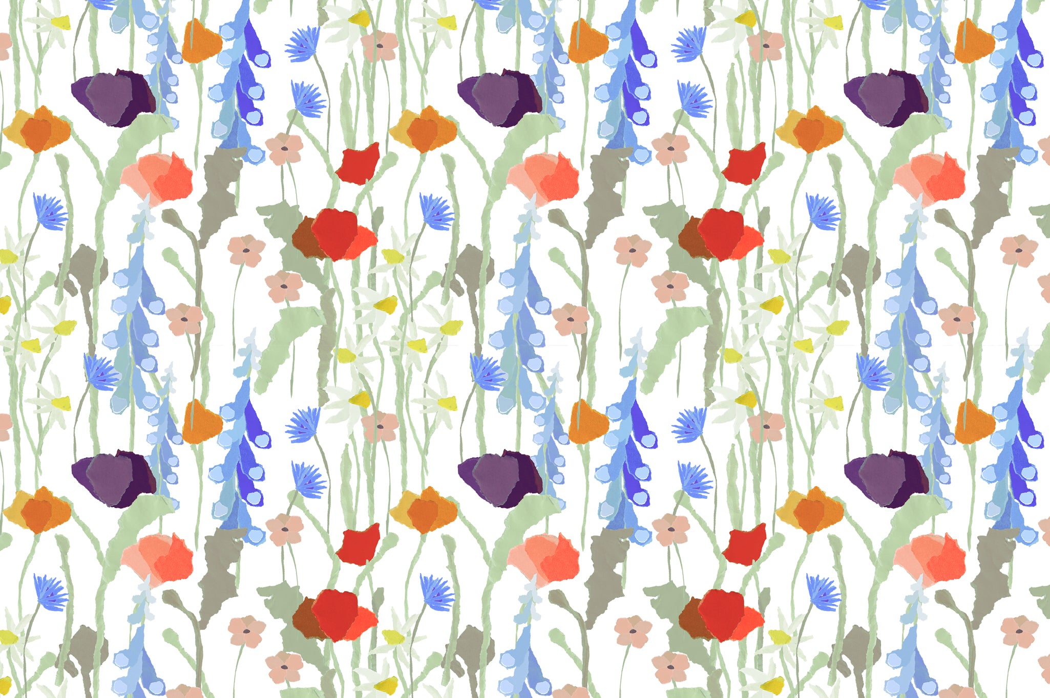 Detail of wallpaper in a painterly floral print in a rainbow of shades on a white field.