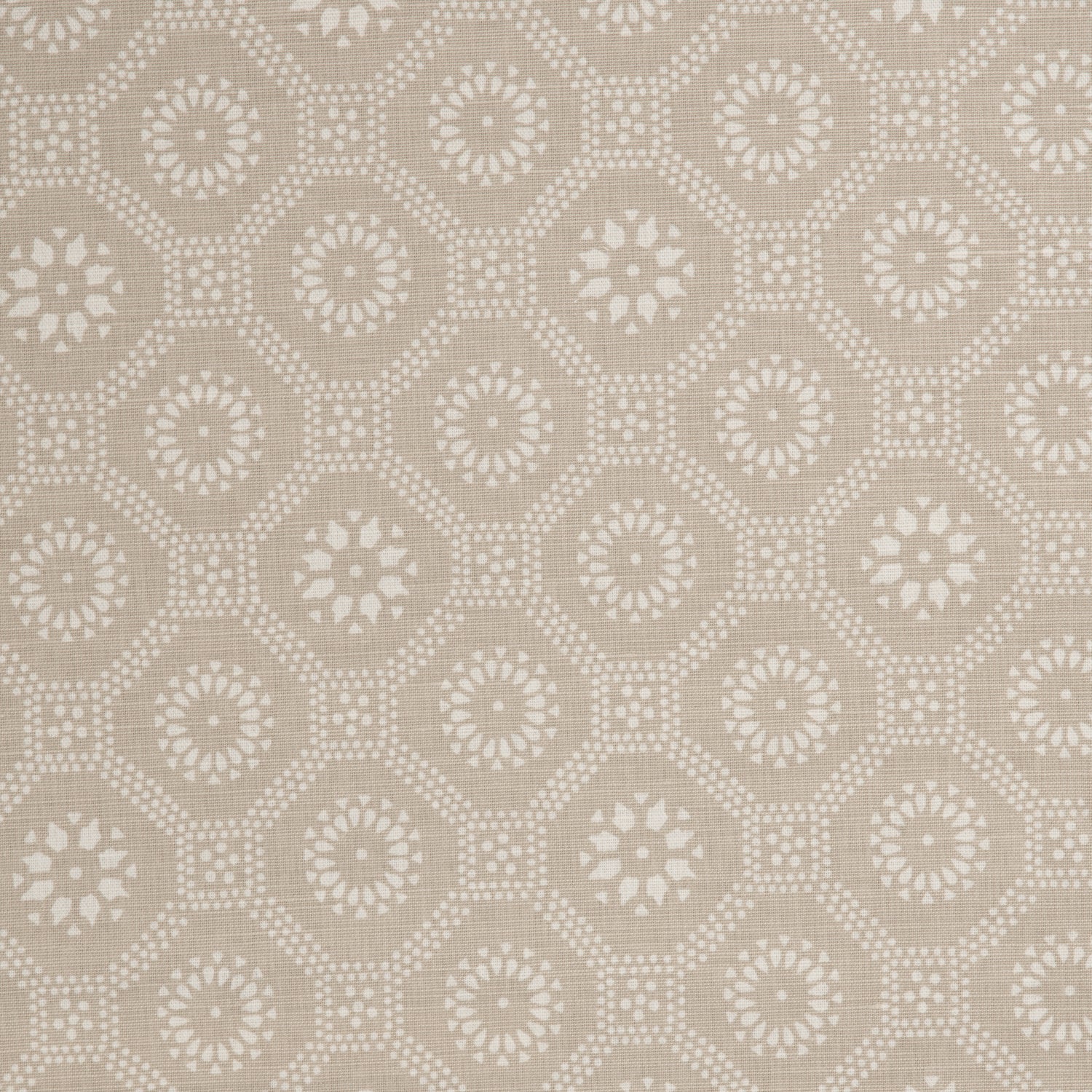 Detail of a cotton fabric in a floral gridded honeycomb pattern in white on a beige field.