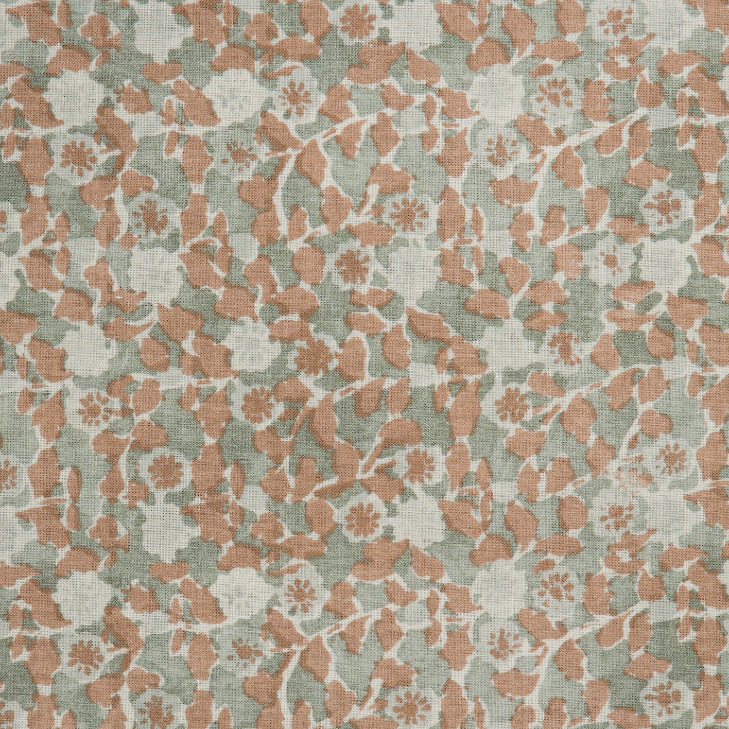 Detail of a linen fabric in a painterly floral pattern in sage and brown on a gray field.