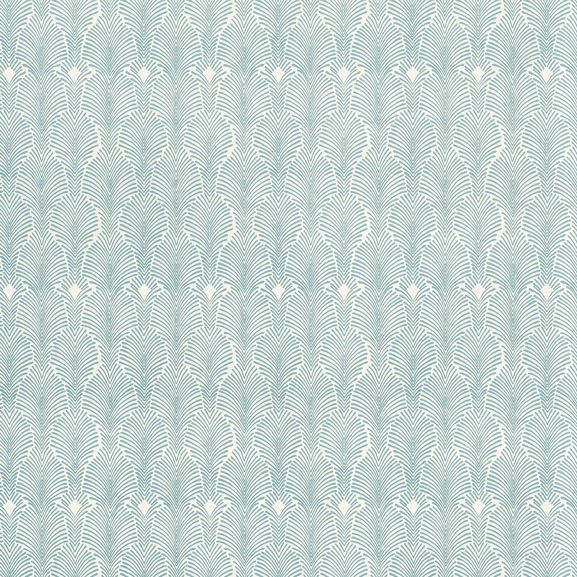 Detail of fabric in a striped damask pattern in turquoise on a cream field.