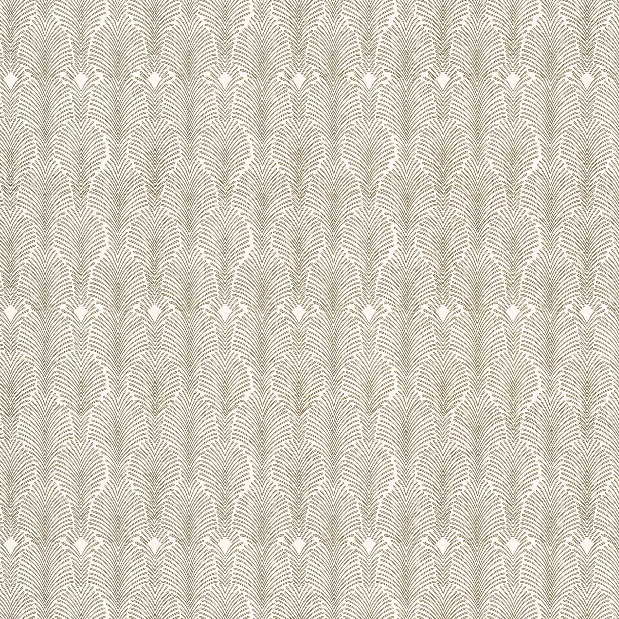Detail of wallpaper in an art deco damask print in tan on a white field.