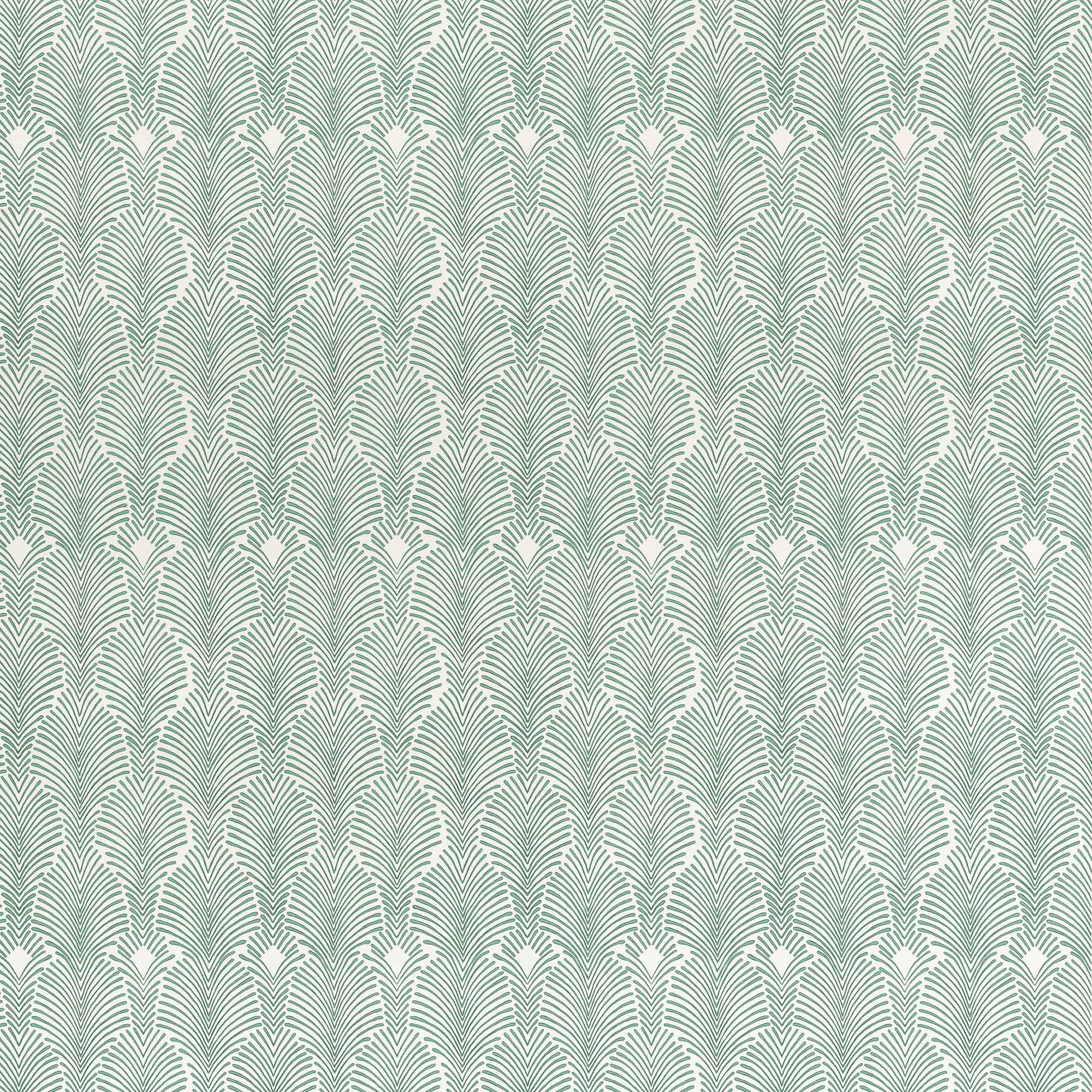 Detail of fabric in a striped damask pattern in green on a cream field.