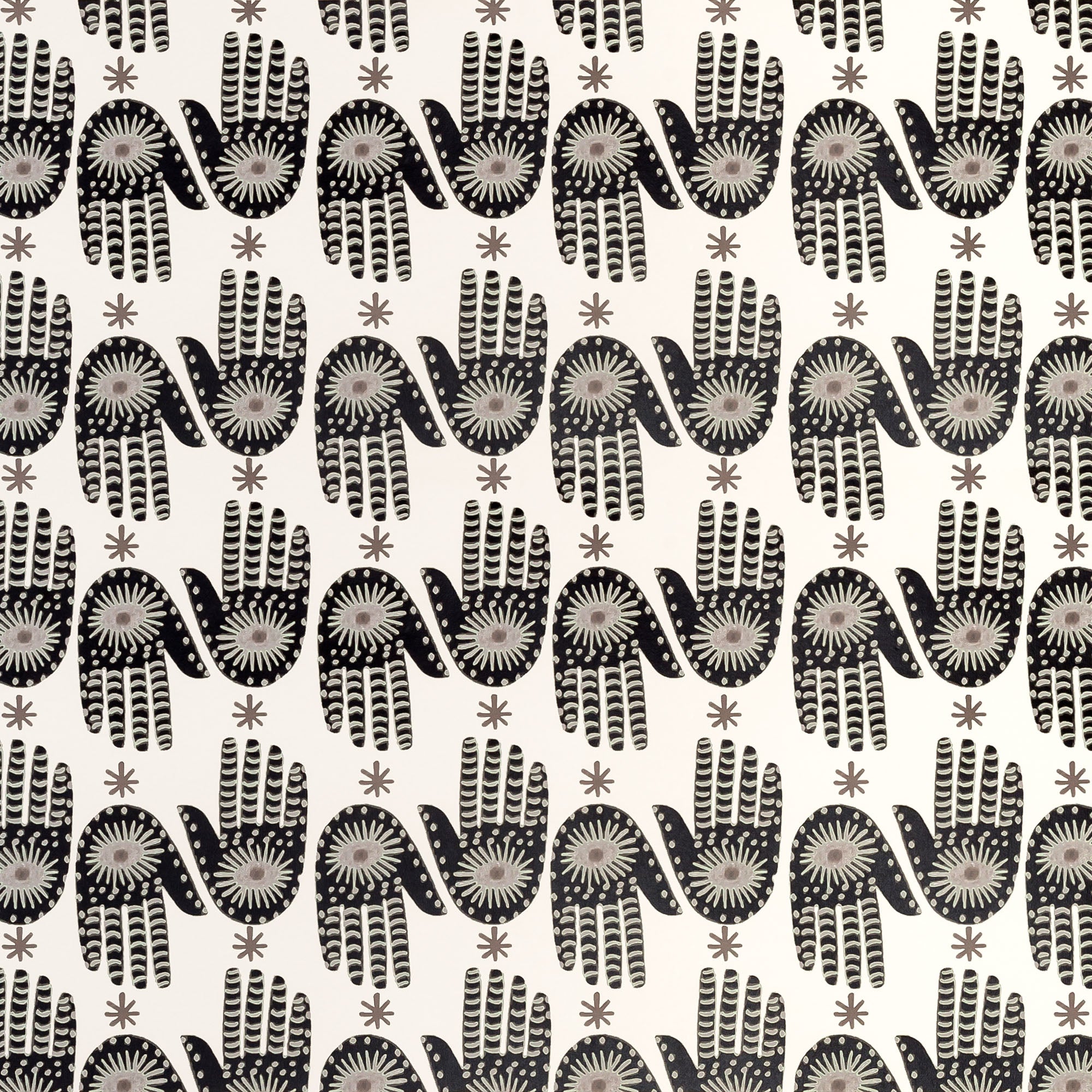 Detail of wallpaper in a playful hamsa hand print in black and brown on a cream field.