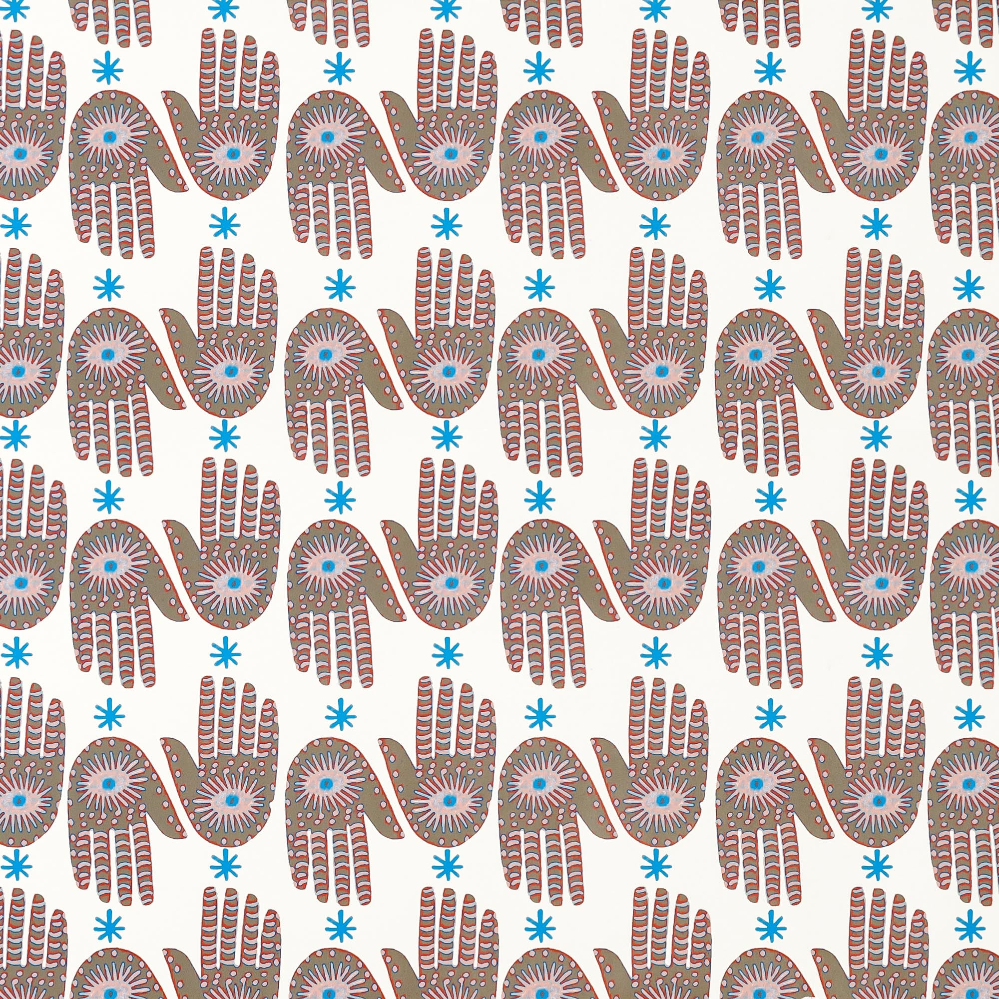 Detail of wallpaper in a playful hamsa hand print in brown, pink and blue on a white field.