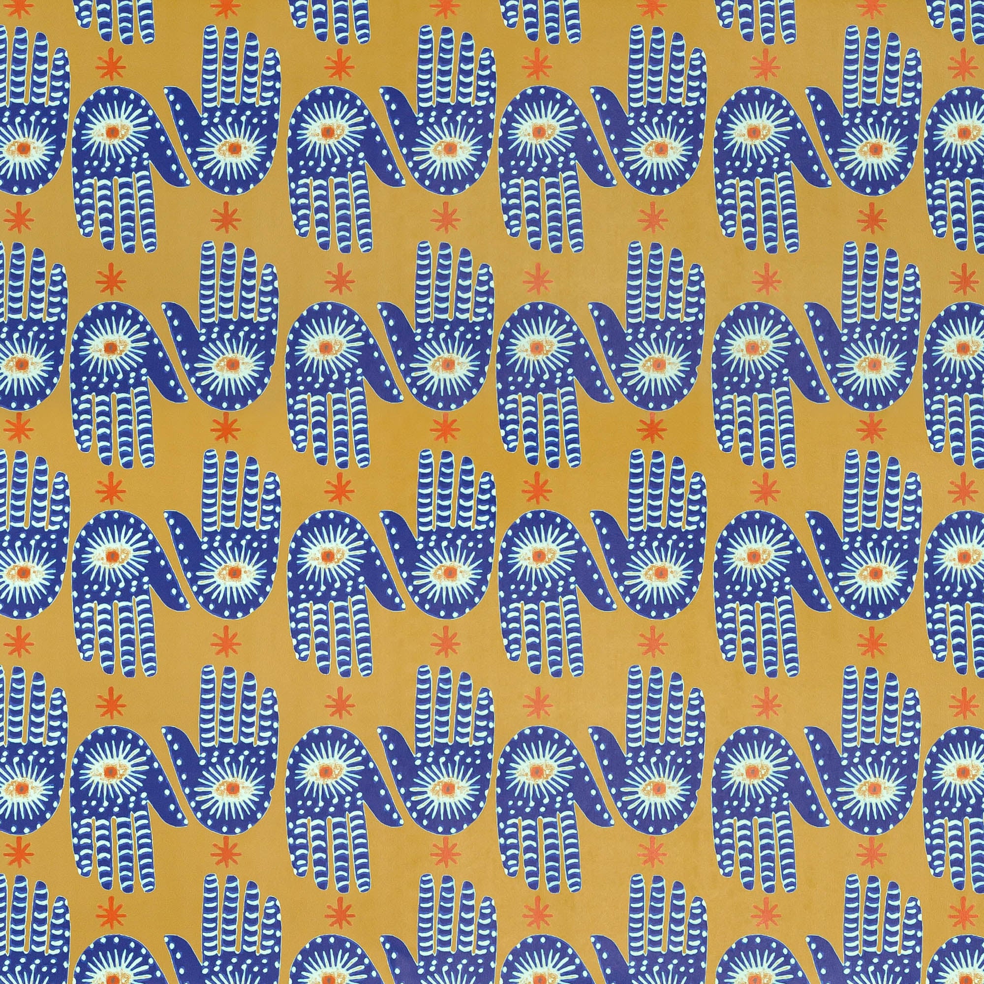 Detail of wallpaper in a playful hamsa hand print in blue, yellow and orange on a yellow field.
