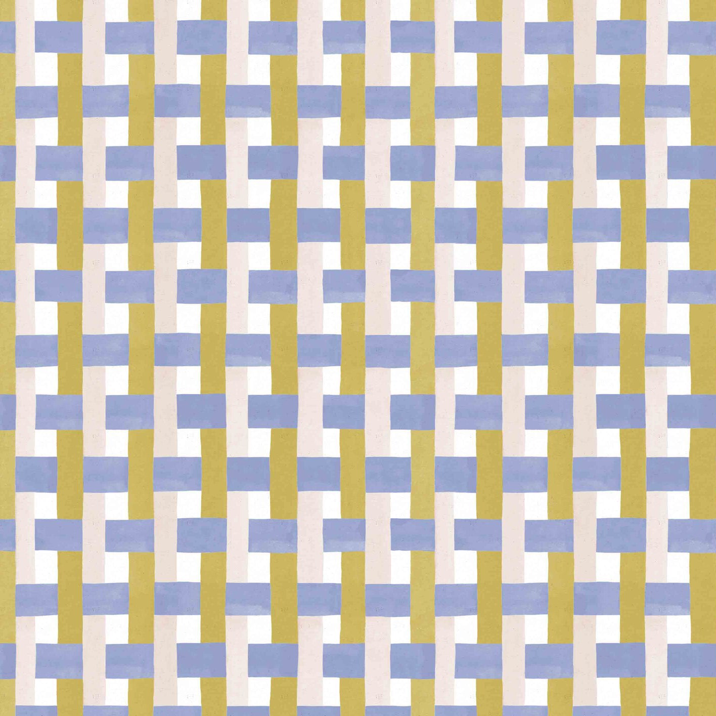 Detail of fabric in an interlocking checked pattern in shades of pink, mustard and blue.