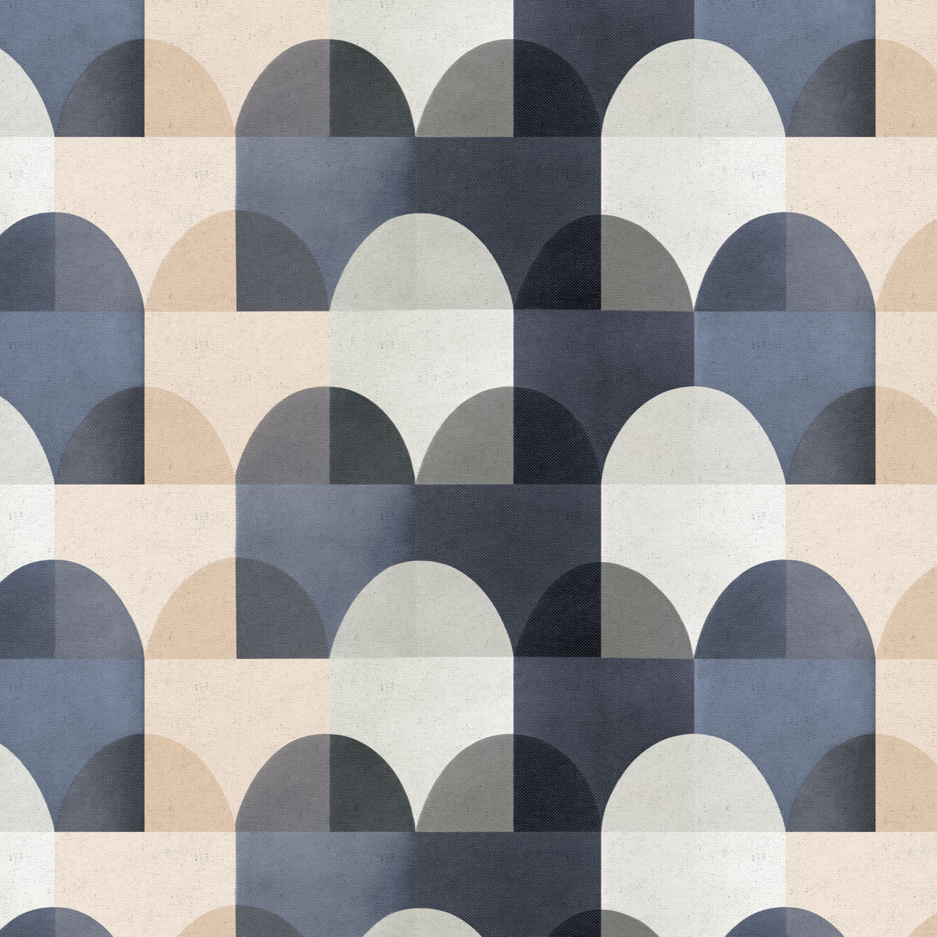 Detail of fabric in a curvy geometric print in shades of white, cream, gray and charcoal.