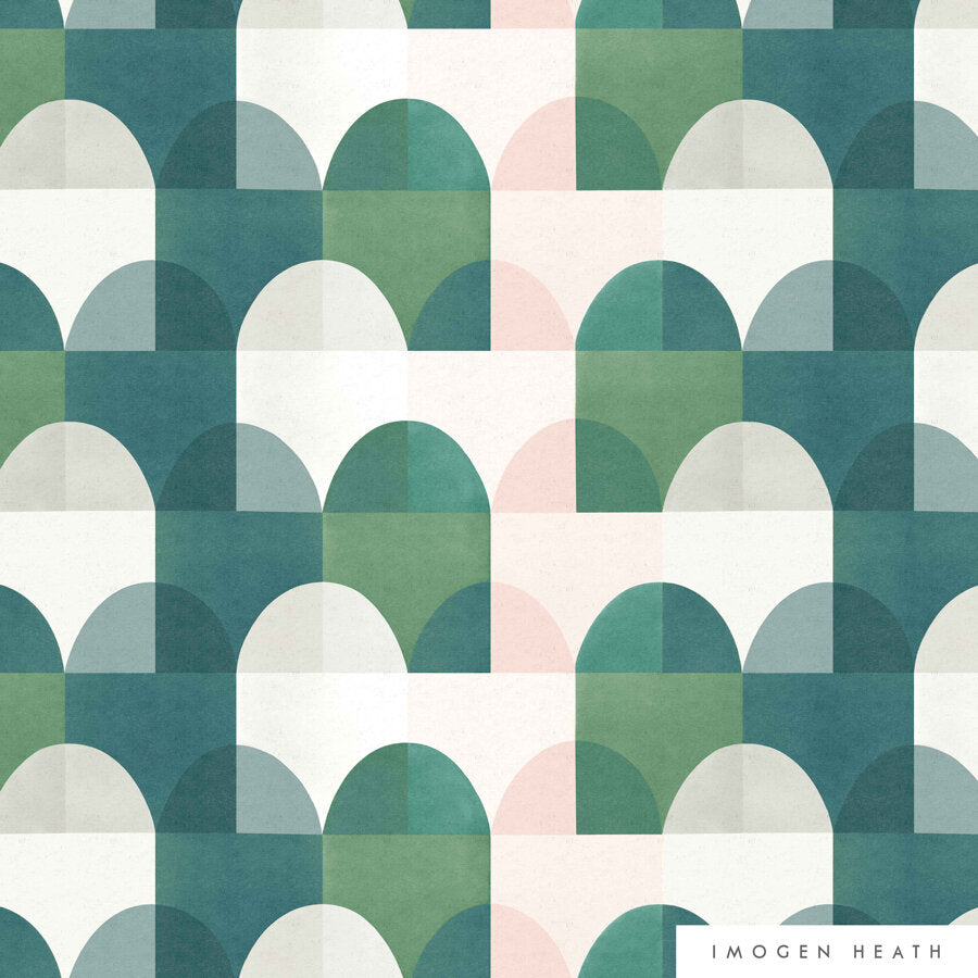 Detail of fabric in a curvy geometric print in shades of green, cream, pink and gray.