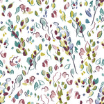 Detail of fabric in a painterly leaf print in shades of purple, blue and green on a white field.
