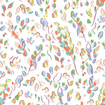 Detail of wallpaper in a painterly leaf print in a rainbow of shades on a white field.