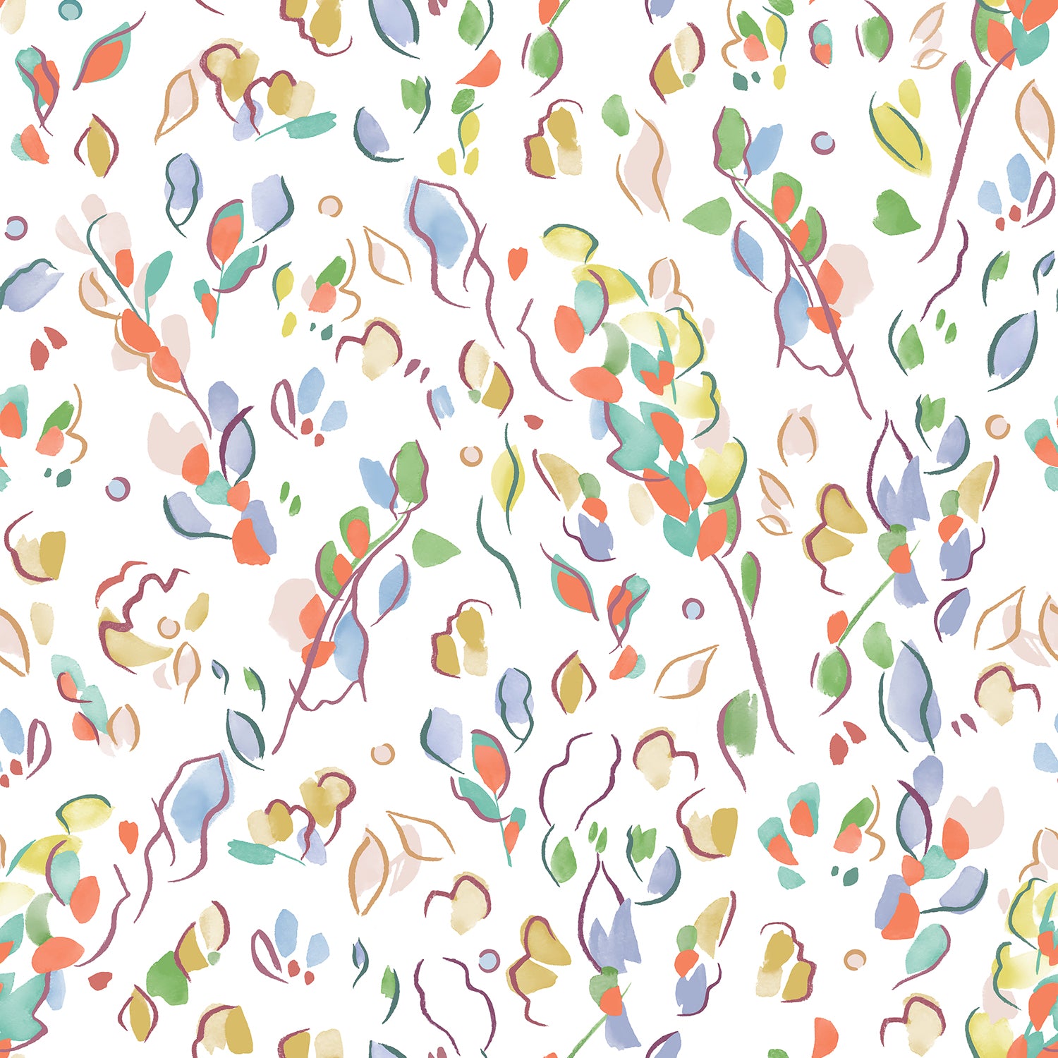 Detail of wallpaper in a painterly leaf print in a rainbow of shades on a white field.
