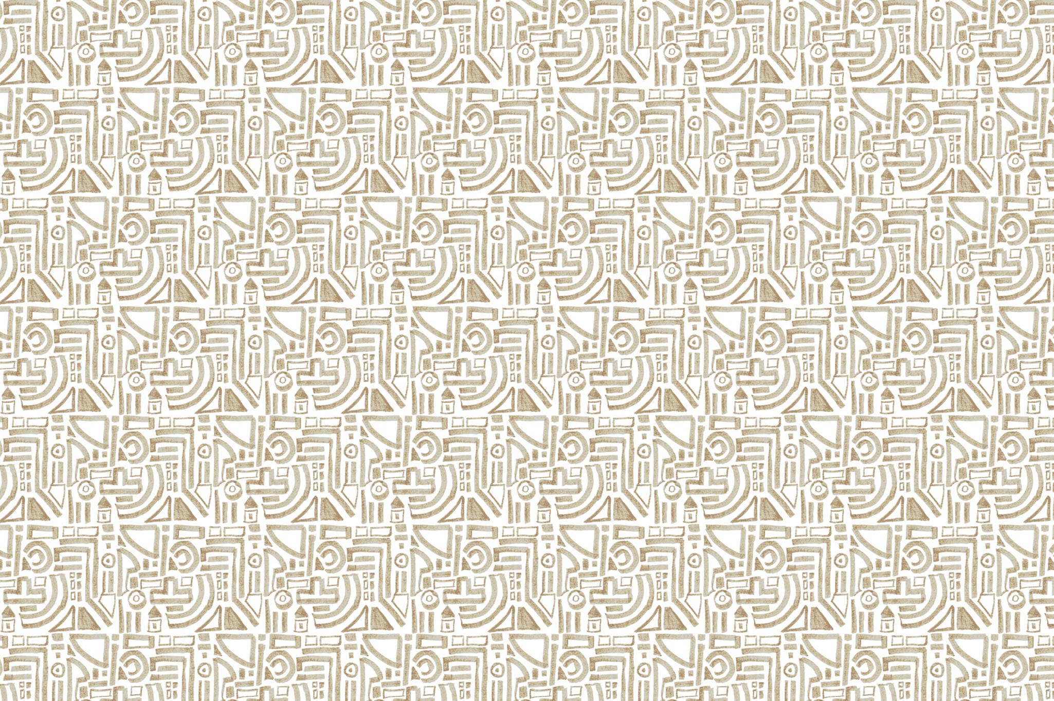 Detail of fabric in a dense geometric grid print in tan on a cream field.