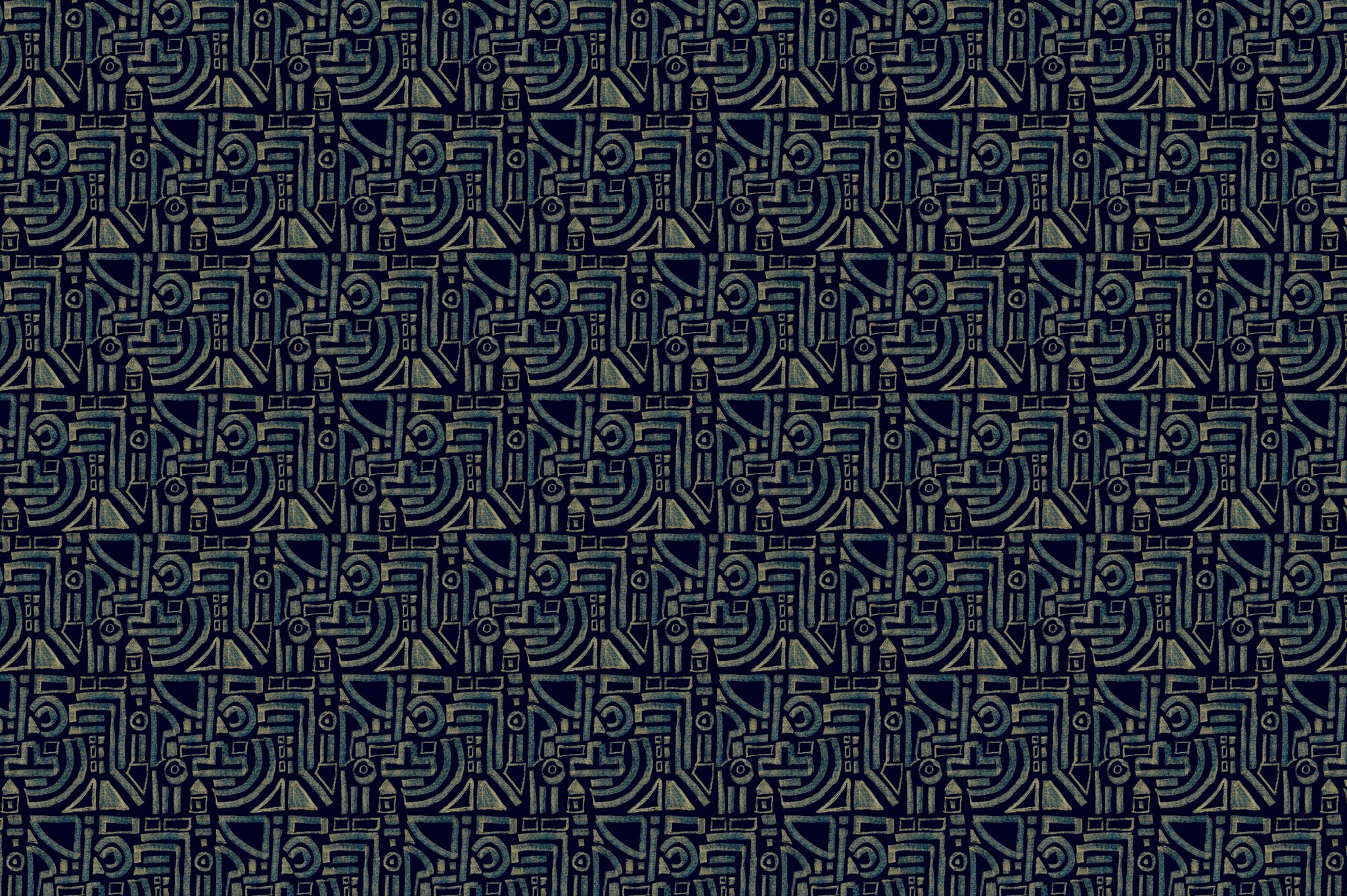 Detail of fabric in a dense geometric grid print in blue and cream on a black field.
