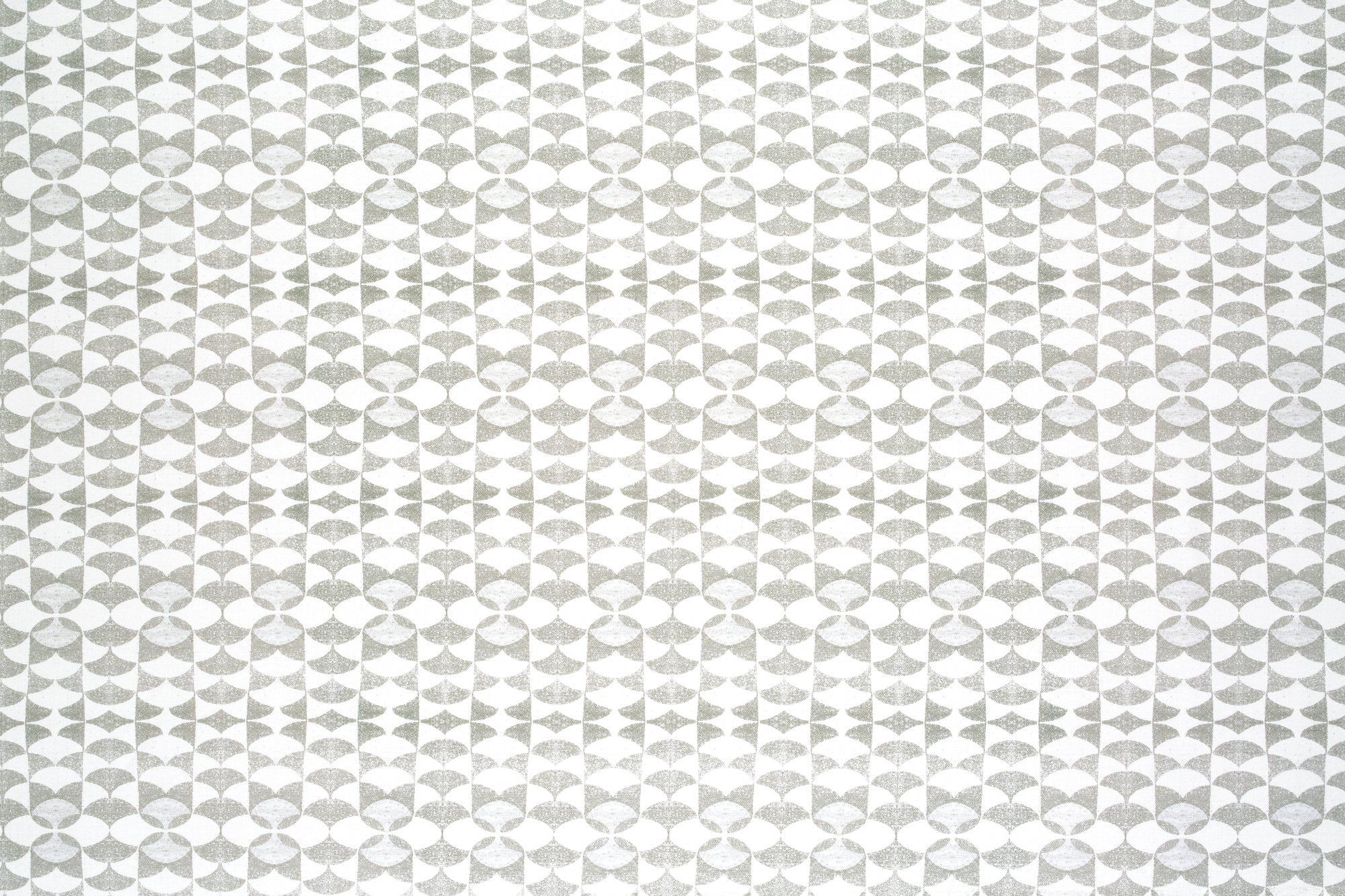 Detail of fabric in a geometric stripe pattern in light gray on a white field.