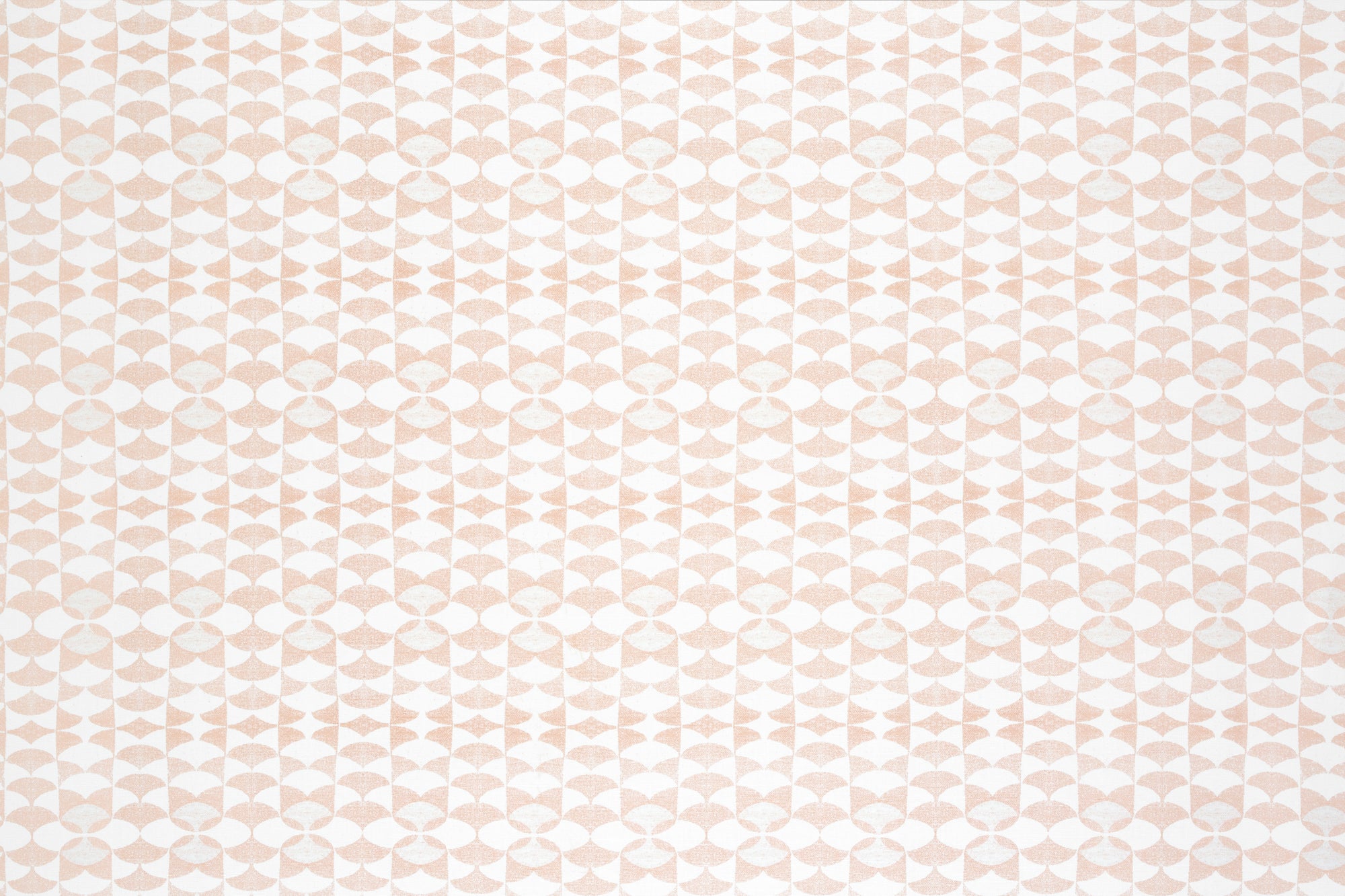 Detail of fabric in a geometric stripe pattern in light pink on a white field.