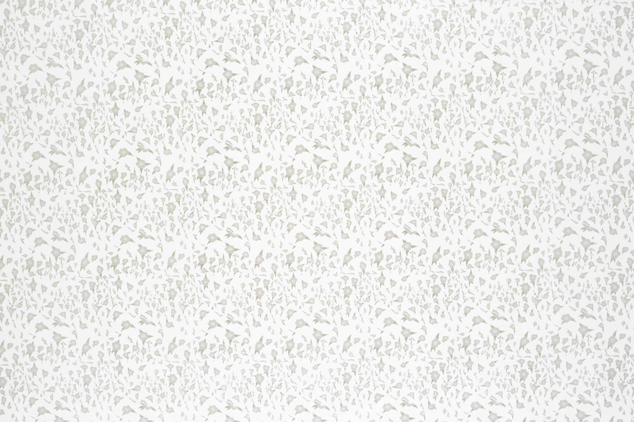 Detail of fabric in a small-scale floral pattern in shades of gray on a cream field.