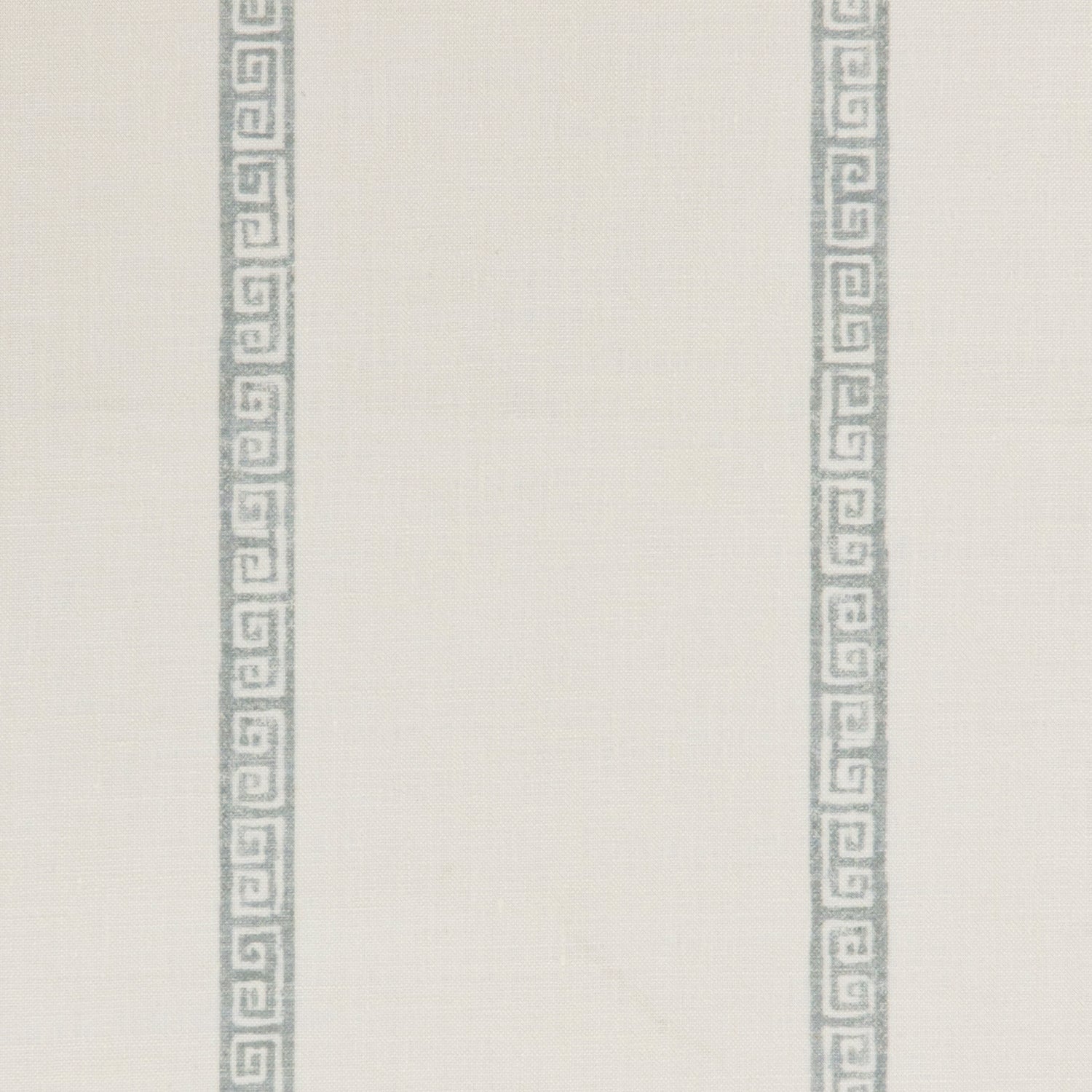 Detail of a linen fabric in a minimal geometric linear pattern in dusty blue on a cream field.