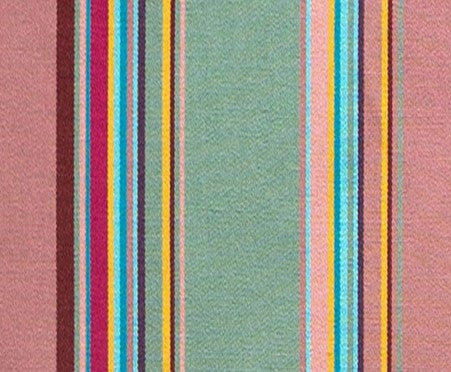 Detail of outdoor fabric in an irregular rainbow stripe print.