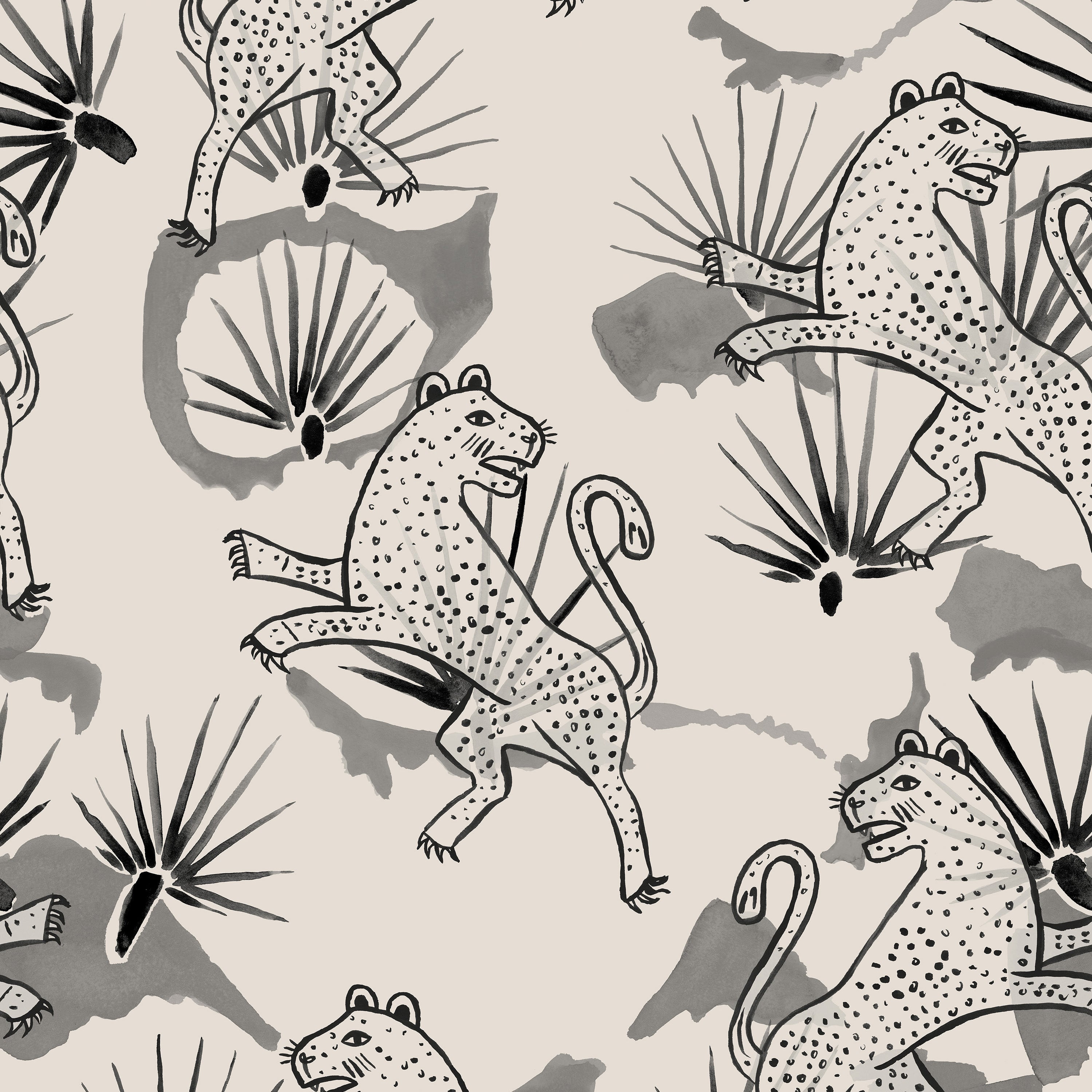 Detail of wallpaper in a painterly leopard and leaf print in gray and charcoal on a cream field.