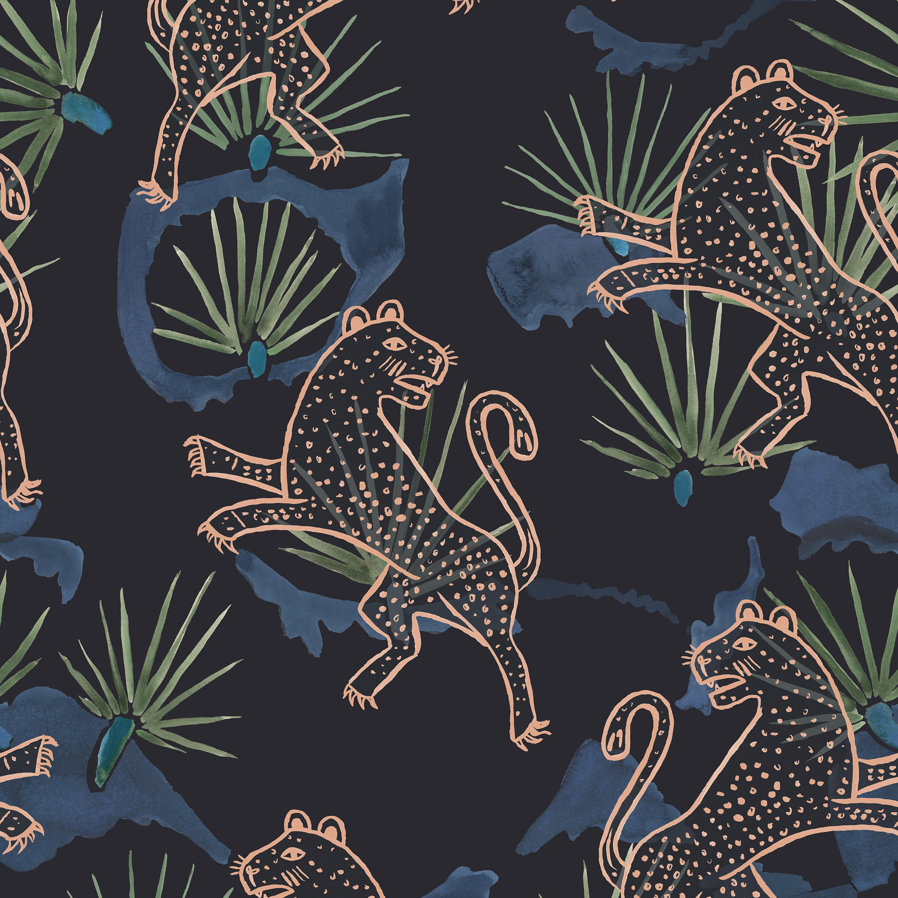 Detail of wallpaper in a painterly leopard and leaf print in pink, green and blue on a navy field.