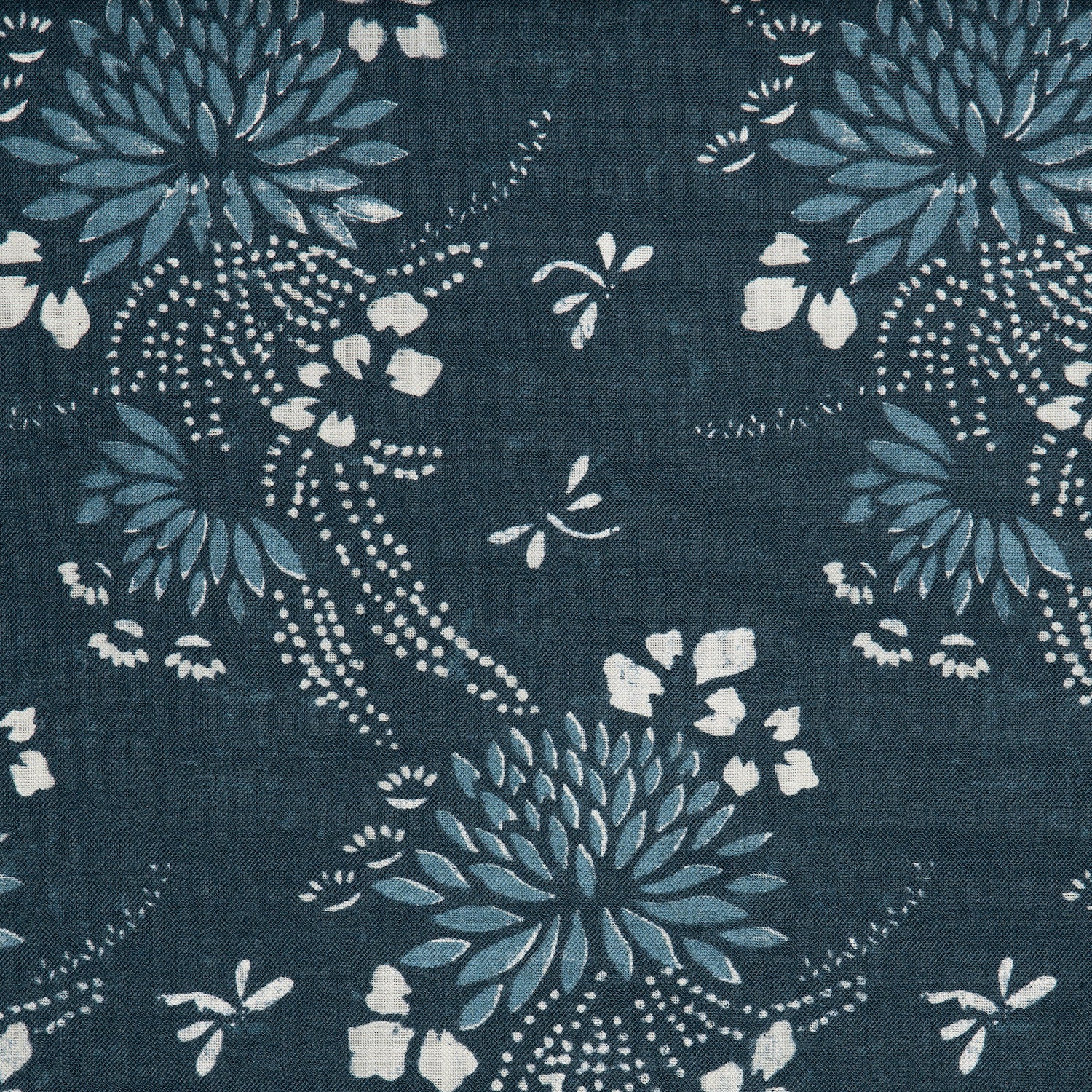 Detail of a linen fabric in a floral and dot pattern in blue and white on a navy field.