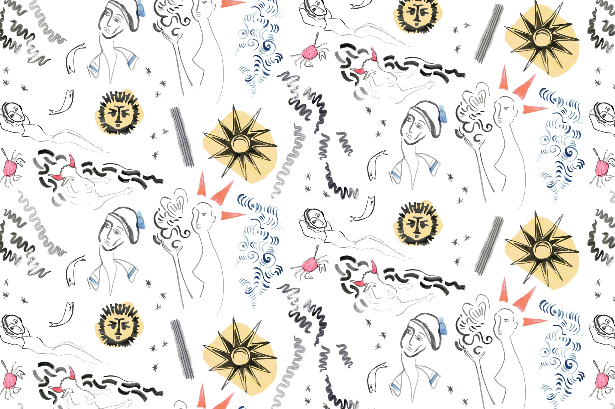 Detail of fabric in a playful sketched print of faces, suns and bulls in black, yellow and blue on a white field.