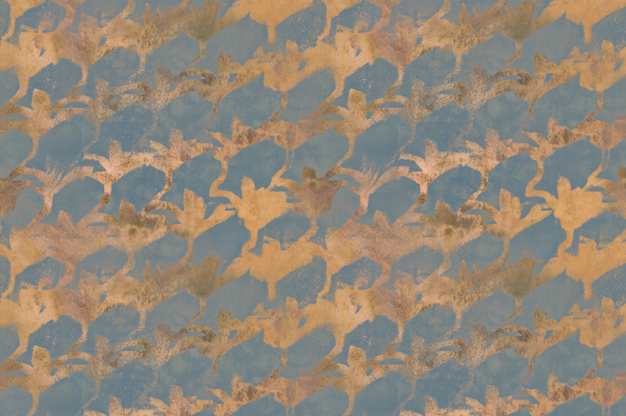 Detail of fabric in an abstract lotus print in gold on a dusty blue field.
