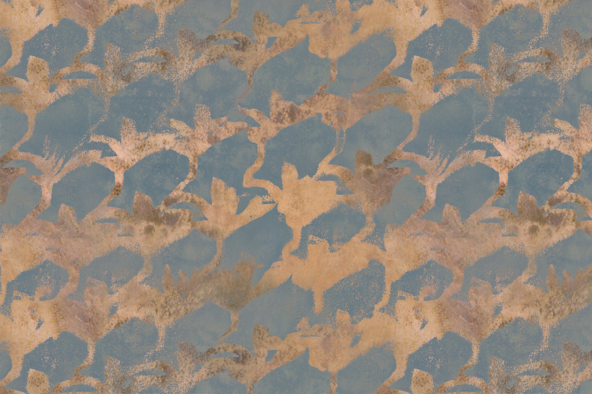 Detail of wallpaper in an abstract lotus print in gold on a dusty blue field.