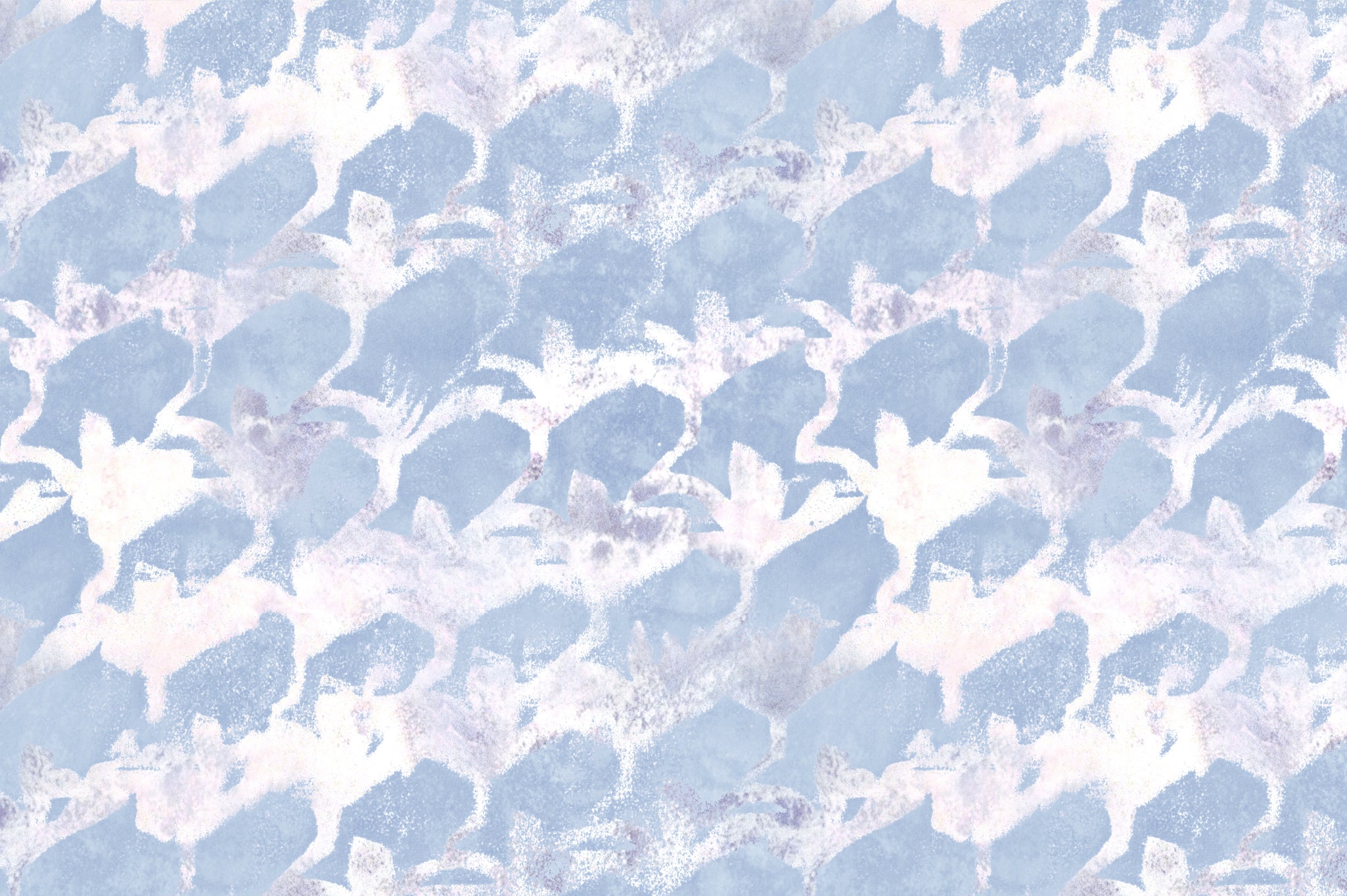 Detail of wallpaper in an abstract lotus print in mottled white and purple on a light blue field.