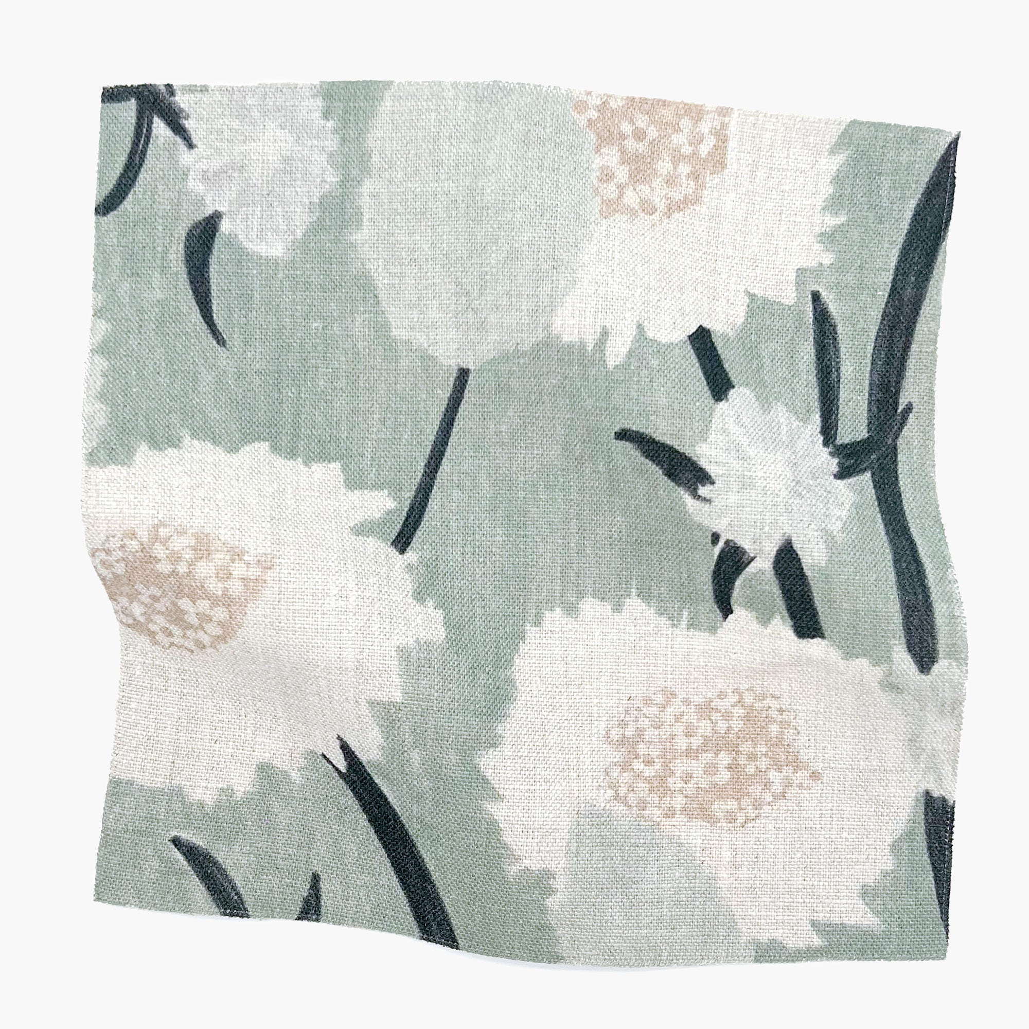 Square fabric swatch in a playful floral print in shades of white, pink and gray on a pale green field.