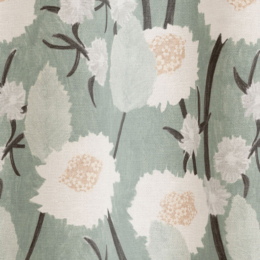 Draped fabric in a playful floral print in shades of white, pink and gray on a pale green field.
